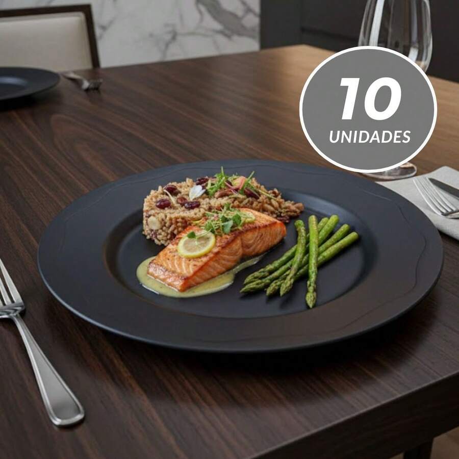 Set Of 10 Plates With Wave-Shaped Rim For Meals, Barbecues, Parties, Durable Plastic Plates. - màu đen - Xem 1