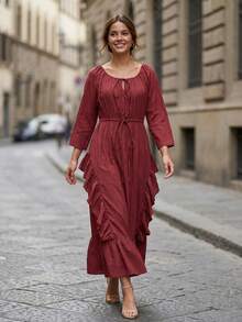 Women's Fall Ruched Dress Elegant Solid Color Long Sleeve Scoop Neck Loose Fit Dress For Daily Event Wear - Red - View 3