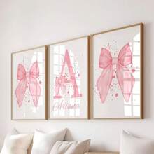 3pcs Personalized Pink Ribbon Wall Art Poster Customized Name Children's Room Decor Inkjet Painting Pink Bow Sweet Style Modern Cute Hanging Picture Minimalist Apartment Bedroom Living Room Decor Baby Girl Birthday Gift Unframed - Pink - View 15