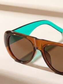 1 Pair Unisex Retro Aviator Wide Frame Fashionable Glasses, Suitable For Decoration, Outdoor Travel, Beach Vacation, Casual Wear, Daily Outfit, Summer - Transparent Tea Frame With Green Tea Leaves - View 3