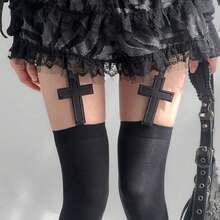 1pc Y2K Punk Style Cross Design Suspender Stockings, Sexy Black Thigh High Gothic Socks For Slim Millenial Gal, Cozy - Nhiều màu - Xem 3