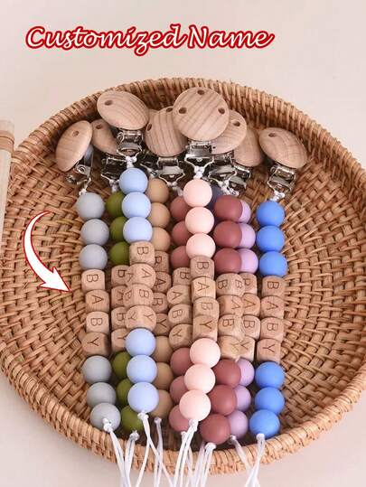 1pc Personalized Name/Letter/Text Silicone DIY Wooden Nameplate, Customized Anti-Lost Accessory, Clip Or Hang, Keychain, Pendant, Beaded Flower Decor, Suitable For Backpack, Travel Bag, Luggage, Cute Accessory