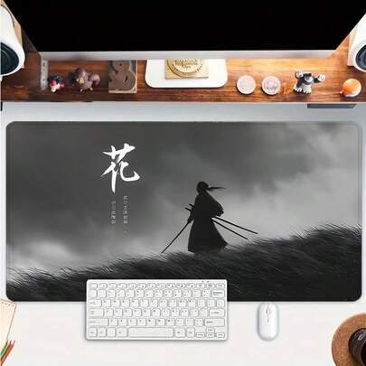 动漫战士鼠标垫桌面垫加长XL鼠标垫办公桌配件 - 多色防滑缝边电脑垫，尺寸35.4x15.7英寸，橡胶底座笔记本电脑键盘垫，适用于家庭办公室和游戏玩家，耐用防泼溅