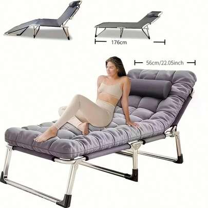 Portable Folding Camping Bed For Adults With A Capacity Of 199.58KG, Featuring A Mattress And Side Pockets. It Has A Lightweight Yet Sturdy Frame, Making It Ideal For Camping, Fishing, Home, Office, Travel, And Picnics. Available In Grey