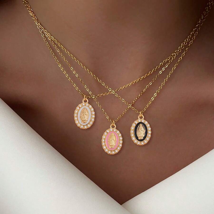 1 pieza Collar con colgante de Virgen María de forma ovalada y colorida, de acero inoxidable con tono dorado para mujeres - Amarillo Oro - Ver 1