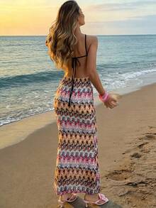 女士露背美人鱼纹理连衣裙，沙滩度假连衣裙，时尚装扮 - 彩色 - 查看 1