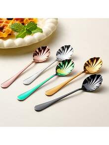 1pc Stainless Steel Shell Shaped Long Handle Dessert Spoon, Stainless Steel Shell Spoon, Coffee Stirring Spoon, Household Western Cake Spoon, Ice Cream Spoon - Multicolor - View 4