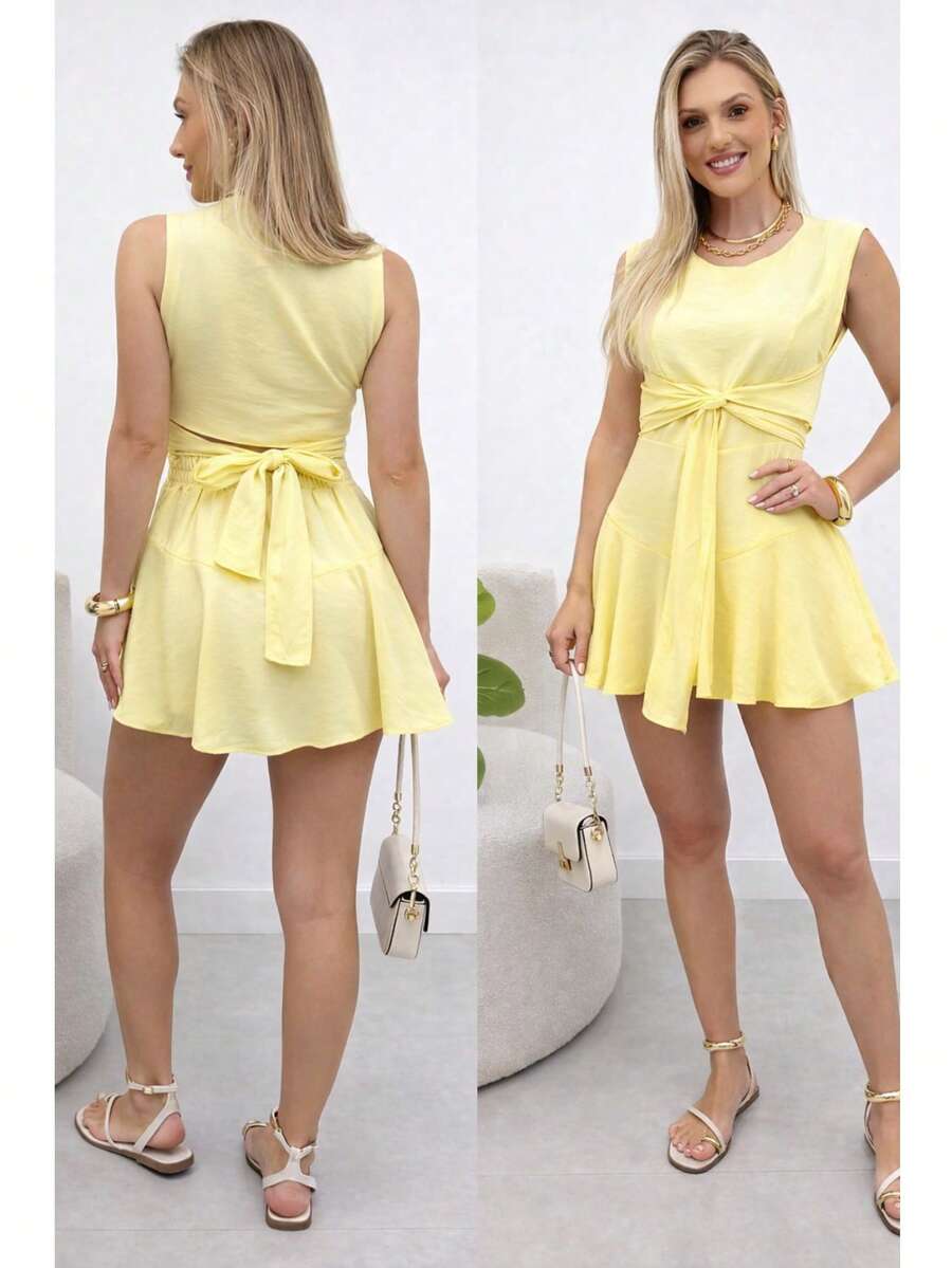 Women's Tailored Jumpsuit Dress, Elegant, Fluffy, Asymmetrical Knot, Cutout/Cut-Out, Evening Dress With Tie Detail - 黃色 - 查看 1
