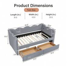 YOGLAD Full & Queen Size Gingham Daybed Sofa Bed With Storage Drawers And USB Port, Upholstered Linen Day Bed With Wave Shaped Frame, Multifunctional Couch Bed With 2 Rolling Drawers For Bedroom Living Room Guest Room - 黑色 - 查看 14