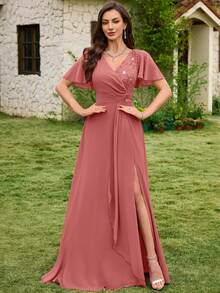 MIUSOL V-Neck Sequin Floral Lace Patchwork Chiffon Ruffle Sleeve Side Slit Maxi Evening Party Dress Spring Wedding - Dusty Pink - View 5