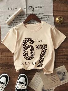 2pcs/Set Girls Leopard Print "67" Letter Graphic Tee + Leopard Print Shorts, Casual Fashion Summer Outfit - Apricot - View 4