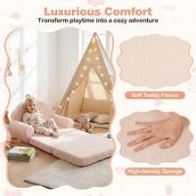 Fold-Out Kids Sofa 2-In-1 Convertible Toddler Couch & Lounger With Non-Slip Base Beige/Green/Pink - 米色 - 查看 9