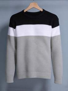 Men's Knitted Sweater, Round Neck, Long Sleeves, Premium Wool, Basic And Comfortable Winter Clothing - Gola Preto - Xem 1