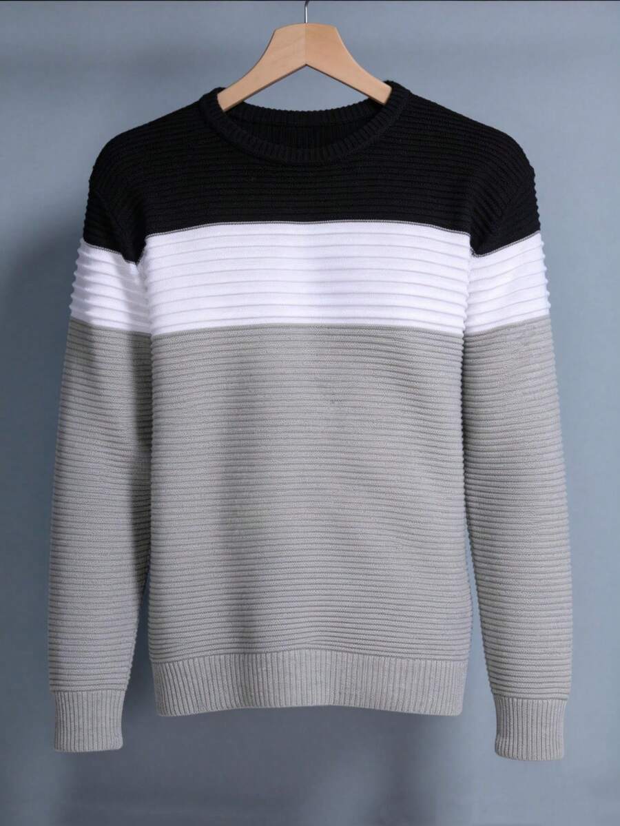 Men's Knitted Sweater, Round Neck, Long Sleeves, Premium Wool, Basic And Comfortable Winter Clothing - Gola Preto - Xem 1
