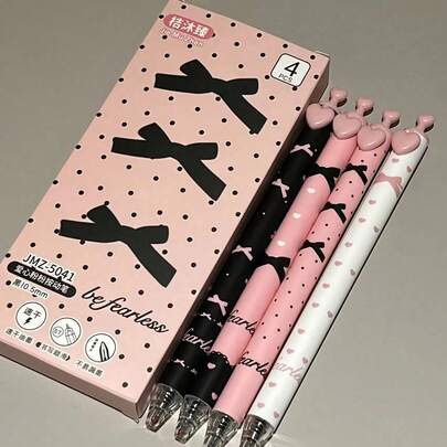 4pcs/Box Neutral Pens, Cute Bow Design, 0.5mm Tip, Smooth Writing, Quick-Drying, Lovely Pink, White And Black Colors, Various Patterns, Popular For Office And Study