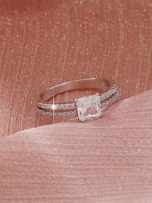 1 Peça Anel de Noivado Quadrado Elegante e Cintilante de Zircônia Cúbica para Mulheres, Adequado para Noivado, Casamento, Festa, Dia dos Namorados ou Presente de Aniversário - Prata - Visão 2