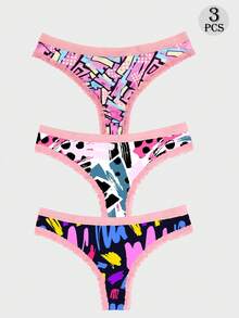 Dircho 3pcs Women's Fashion Neon Abstract Print Thong Set, Flexible Skin-Friendly Underwear Ideal For Creating A Stylish And Playful Daily Look - Multicolor - View 1