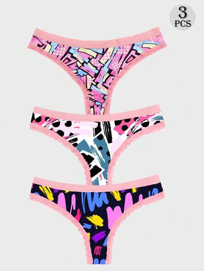  Dircho 3pcs Women's Fashion Neon Abstract Print Thong Set, Flexible Skin-Friendly Underwear Ideal For Creating A Stylish And Playful Daily Look
