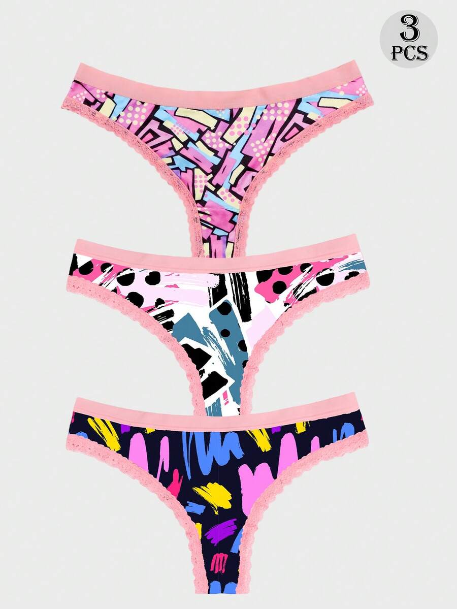 Dircho 3pcs Women's Fashion Neon Abstract Print Thong Set, Flexible Skin-Friendly Underwear Ideal For Creating A Stylish And Playful Daily Look - Multicolor - View 1