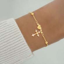 1条新款经典心形字母十字架金色不锈钢珠链手链，女士款 - 金黃色 - 查看 1