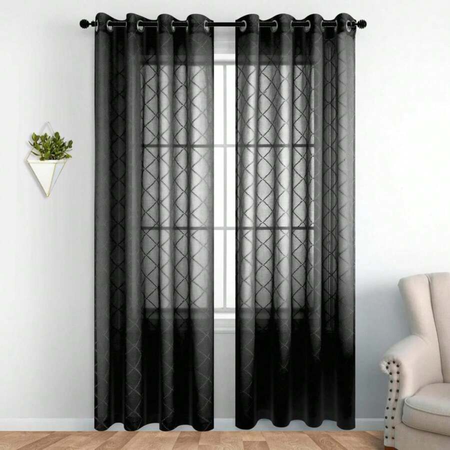 KOUFALL Black Curtains 108 Inches Long For Living Room 2 Panels Grommet Light Filtering Semi Sheer Drapes For Bedroom 52x108 Inch Length - ColorA - 查看 1