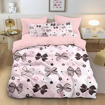 3pcs Cute Bow Tie Printed Duvet Cover Set, Including 1 Duvet Cover And 2 Pillow Shams, No Filler, Soft And Comfortable Bedding, Polyester, Suitable For Indoor Decor, Home Goods, All Seasons, Great Gift For Boys And Girls, Teens
