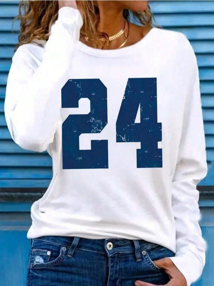 Women'S Oversized White Number 24 Print Long Sleeve Shirt - Soft Light Beige-Friendly Fabric, Casual Round Neck Top For Casual Attire, Fan Apparel & Jersey Style (Machine Washable) - Geometric Pattern, All-Season Comfort, Relaxed Fitgifts For Mom-Free Shipping - 白色 - 查看 1