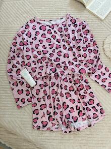 2 pièces Ensemble de pyjama femme à manches longues imprimé, col rond, avec short à taille élastique, confortable - Rose bonbon - Voir 4