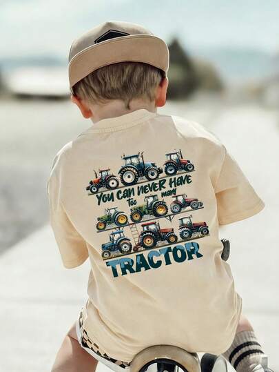 1件幼儿男童休闲印花圆领短袖T恤，夏季学生装 - 彩色字母和玩具车印花T恤，为每个孩子带来欢乐和幸福！