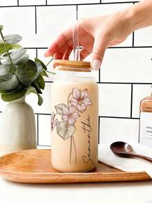 1pc Personalized Birth Flower Glass Cup, Customized Bridesmaid Wedding Gift, Mother's Day Valentine's Day Present, Outdoor Picnic Cup - Multicolor - View 5