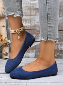 女士绒面革平底鞋，纯色尖头低跟套脚船鞋，糖果色圆头布鞋，百搭平底乐福鞋 - 藍色 - 查看 8