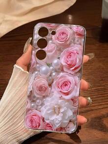 1个可爱粉色玫瑰仿珍珠花朵软壳手机壳，兼容华为、荣耀、Galaxy A04e/12/A13/A14/A34/A50/A52/A53/A54/S21/S22/S23/S24/S25/S25Ultra/S26/S26 Plus/S26 Ultra、6A/7A/8A、12T/13T - 無色 - 查看 3