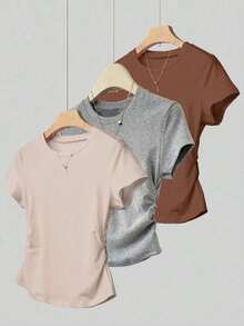A Simple Solid-Color Short-Sleeved T-Shirt Set For Women, Suitable For Daily Wear And Easy To Match With Various Outfits. Includes 1 Piece - Aneka warna 12 - View 1