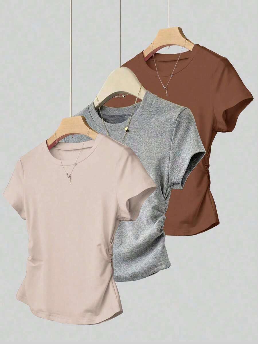 A Simple Solid-Color Short-Sleeved T-Shirt Set For Women, Suitable For Daily Wear And Easy To Match With Various Outfits. Includes 1 Piece - Aneka warna 12 - View 1