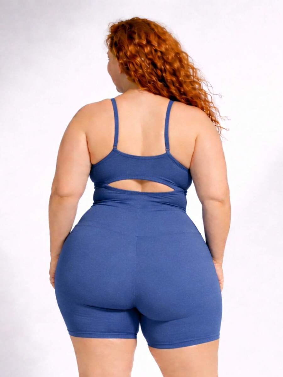 SHOWOFF Plus Size Casual Gym Jumpsuit With Open Back / Backless Rhinestones For Sports And Fitness - Serenity Blue - View 1
