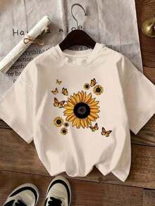 Women's Sunflower Butterfly Shirt, Casual Basic Style, 100% Cotton, Summer Style With Round Neck. - 卡其色 - 查看 3