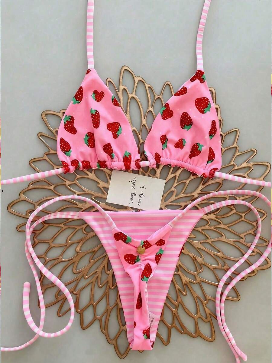 Bộ bikini dây mảnh xếp ly thắt nơ dành cho nữ, thiết kế hở lưng in họa tiết sọc trái cây hai mặt, phong cách tối giản thanh lịch, thích hợp cho Giáng sinh, tiệc bãi biển, kỳ nghỉ hè 2026, bộ bikini màu hồng cho kỳ nghỉ - Hồng - Xem 1