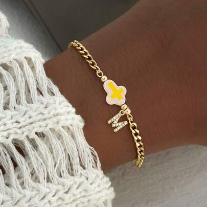 1pc New Classic Cross Initial Golden Stainless Steel Chain Bracelet For Women