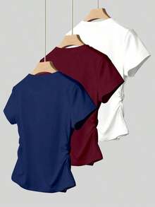 A Simple Solid-Color Short-Sleeved T-Shirt Set For Women, Suitable For Daily Wear And Easy To Match With Various Outfits. Includes 1 Piece - Multicolor 5 - View 2