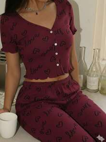 Women's Pajama Set Sleepwear Blouse And Cropped Top With Heart Print, Button-Down Cropped Top, Elastic Waist Pants, Warm Suede, Everyday Wear, Sizes P, M, G, GG, Night Comfort Line - 酒紅色 - 查看 3