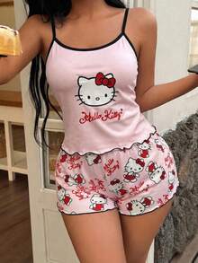 2pcs Women's Sanrio Hello Kitty Pink Cute Print Pajama Set, Home Wear Set, Summer/Spring Ladies Apparel, Valentine's Day, Camisole Top + Shorts, Casual Outfit - Pink - View 4