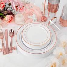 Bộ đĩa tráng miệng 7,5 inch / đĩa ăn chính 10,25 inch, đế trắng viền vàng hồng, phù hợp cho nhiều dịp từ những buổi họp mặt thân mật đến những bữa tiệc lớn. Cho dù bạn tổ chức bữa tối trang trọng hay bữa tiệc ngày lễ thân mật, bộ đĩa này đều có thể nâng tầm trải nghiệm ăn uống và tạo thêm không khí lễ hội cho bàn ăn của bạn. - Nhiều màu - Xem 10