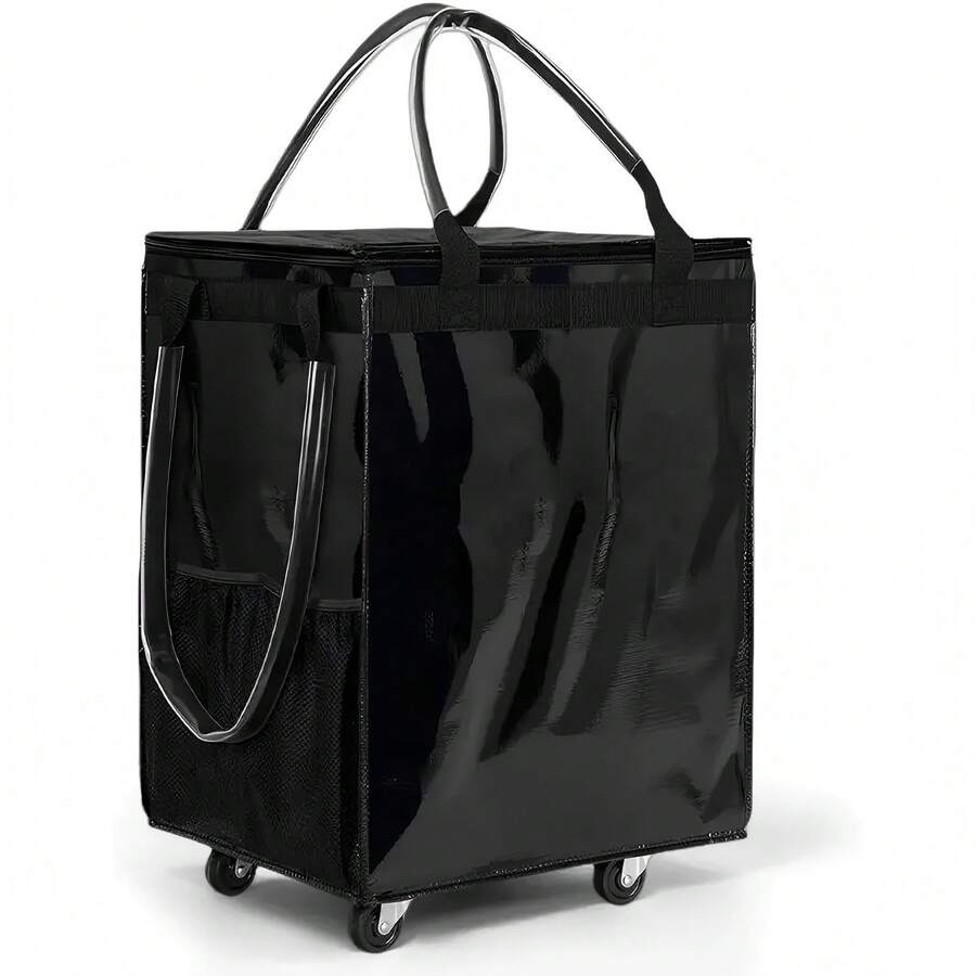 Wheeled Foldable Reusable Shopping Bag (Large, Black) Reusable Grocery Bag On 5 Wheels, Foldable Rolling Tote Carries Up To 76lb Shopping Trolley, Rolling Bag With 3 Handles, Zipper Clouser Rolling Tote Bag With Wheels For Laundry - A - 查看 1