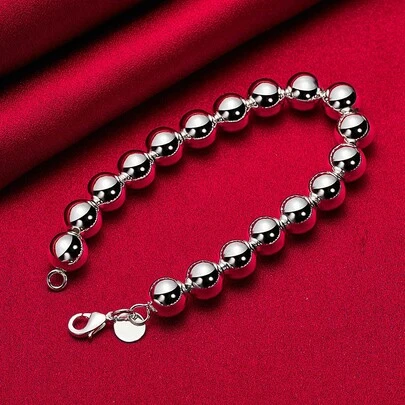 925 Sterling Silver Plated 10mm Hollow Smooth Beads Chain Bracelet For Women Fashion Wedding Engagement Charm Jewelry