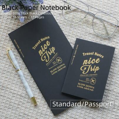 Standard & Passport Size Black Card Paper Notebook, 200g Thick Black Cardstock, 16 Sheets / 32 Pages, TN Compatible Travel Journal Insert For Journaling & Art