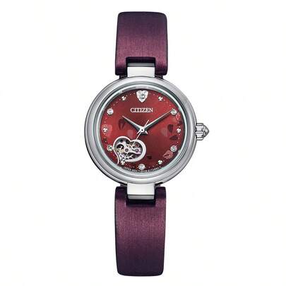  Citizen 100M Waterproof Mechanical Movement Genuine Leather Strap Women's Watch, 28mm Purple Dial PR1021-15X, Korean Style