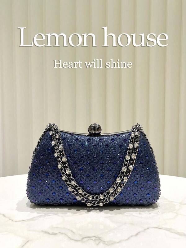 1pc Navy Blue Sparkling Rhinestone Clutch Bag, Luxury Elegant Box-Shaped Purse, Suitable For Evening Party, Wedding, Cocktail Party, Carnival, Gala And Other Occasions For Ladies