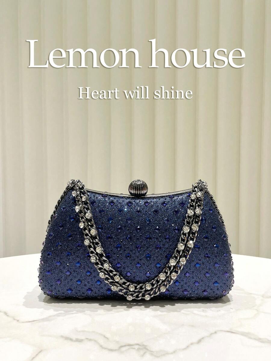 1pc Navy Blue Sparkling Rhinestone Clutch Bag, Luxury Elegant Box-Shaped Purse, Suitable For Evening Party, Wedding, Cocktail Party, Carnival, Gala And Other Occasions For Ladies - Navy Blue - View 1