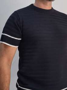 Basic Two-Tone Knit Shirt, Short Sleeve, Ribbed, Stylish Summer Knit T-Shirt, Men's Blouse - Army Green - View 3