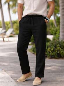 Men's Linen Trousers With Adjustable Waist And Drawstring, Casual And Stylish. - Black - View 1